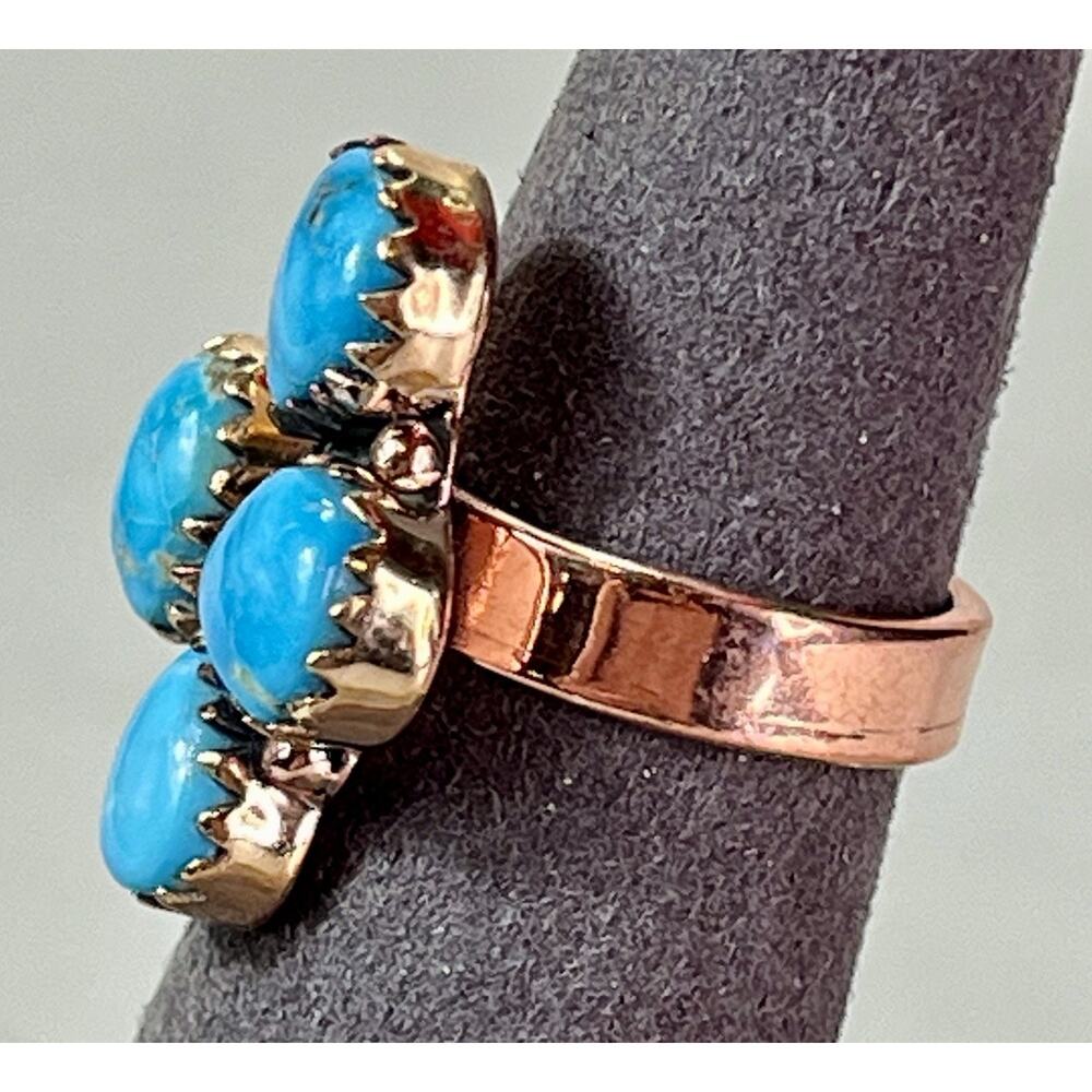 Southwestern Kingman Turquoise Copper Adjustable Bypass 4 Stone Cluster Ring - Picture 11 of 15